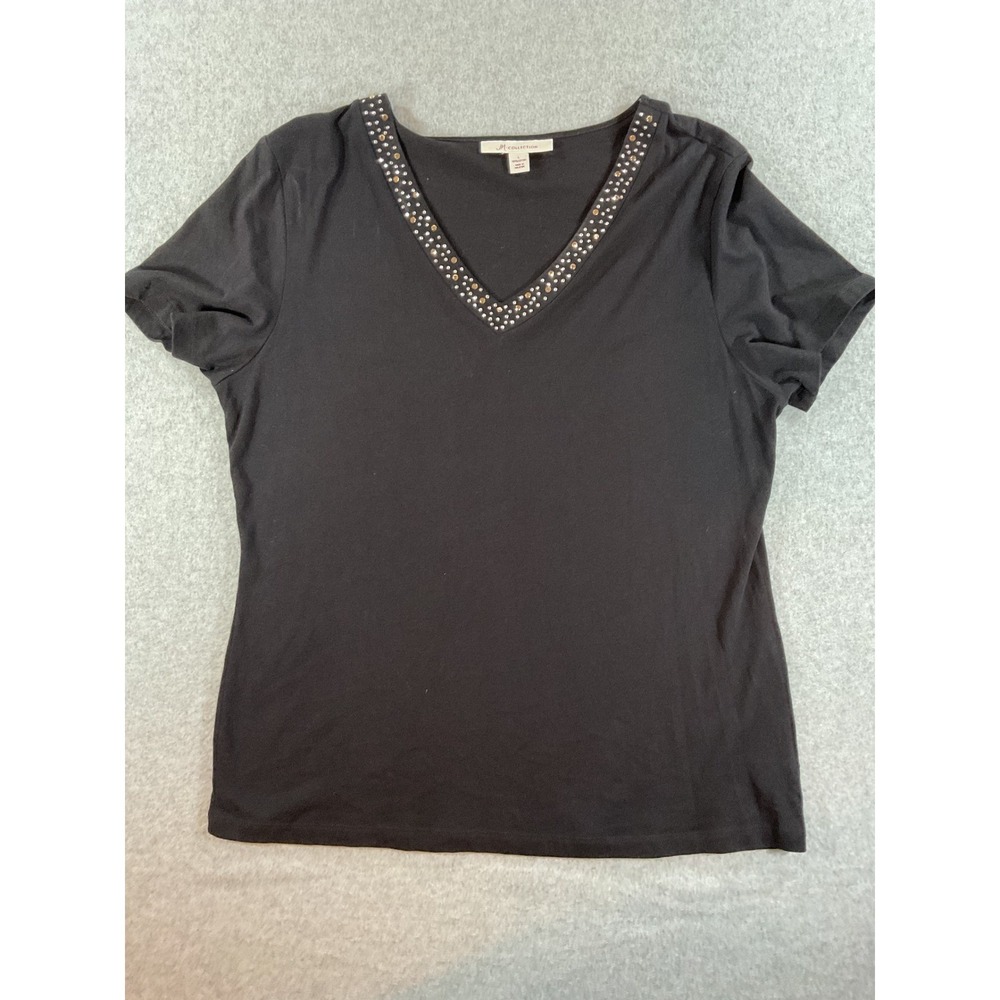 JM Collection Womens Black V-Neck Studded Rhinestone Short Sleeve Size L #657